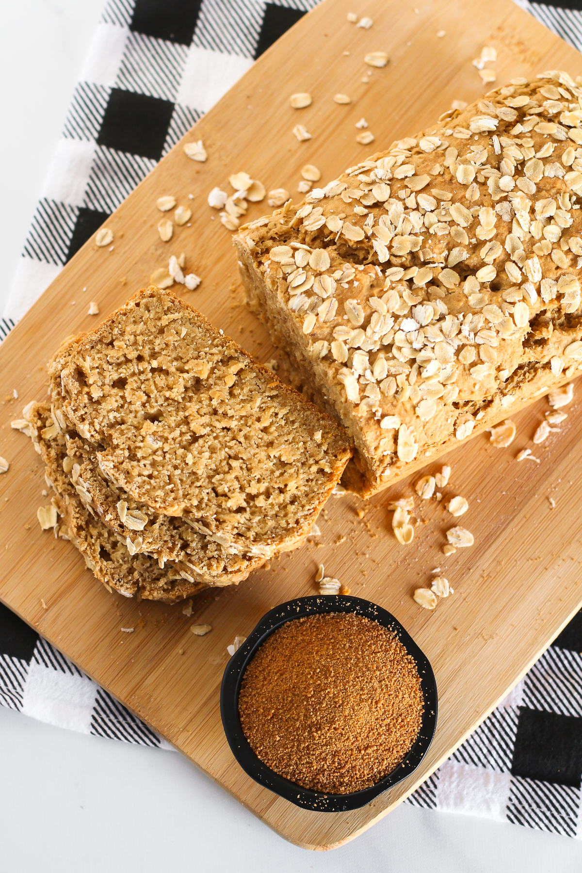 Gluten Free Vegan Oatmeal Quick Bread. Slices of soft oat bread, ready for your favorite jam or nut butter!