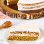 Gluten Free Vegan Carrot Cake. Layers of moist, spiced carrot cake and decadent cream cheese frosting. The classic cake made allergen free!