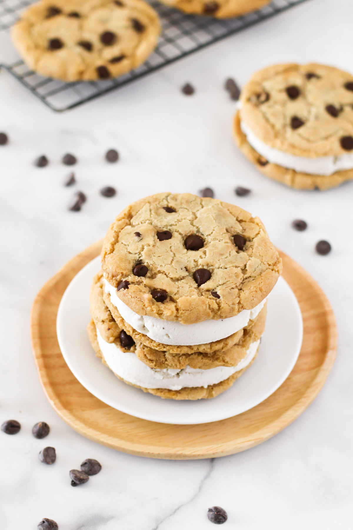 Gluten Free Vegan Chocolate Chip Cookie Ice Cream Sandwiches. Creamy vanilla ice cream, sandwiched between two chocolate chip cookies. What could be better?